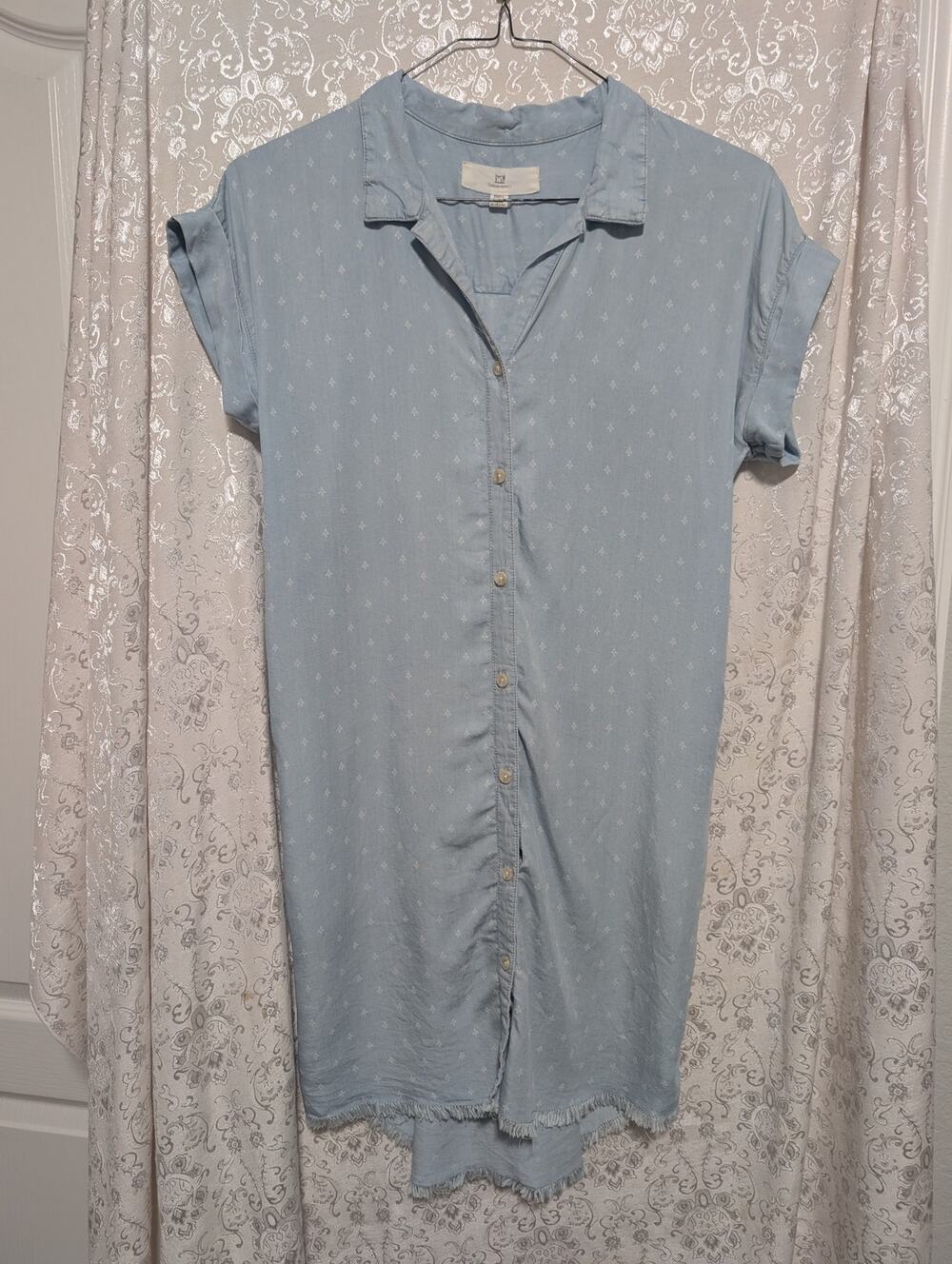 Thread & Supply Chambray Shirt Dress Blue Fray Hem Rolled Sleeve Small